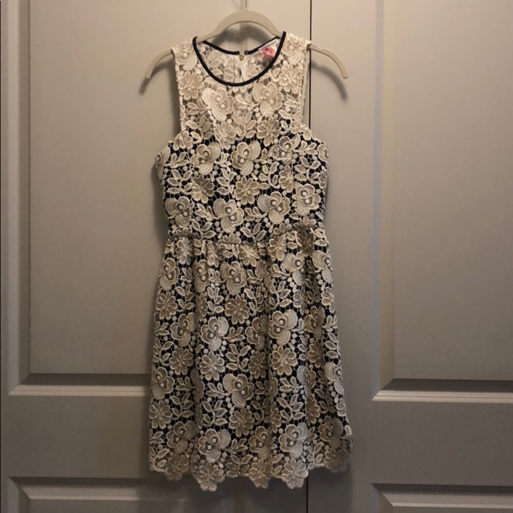 CLUB MONACO LACE CROCHET DRESS GOLD IVORY NAVY 2